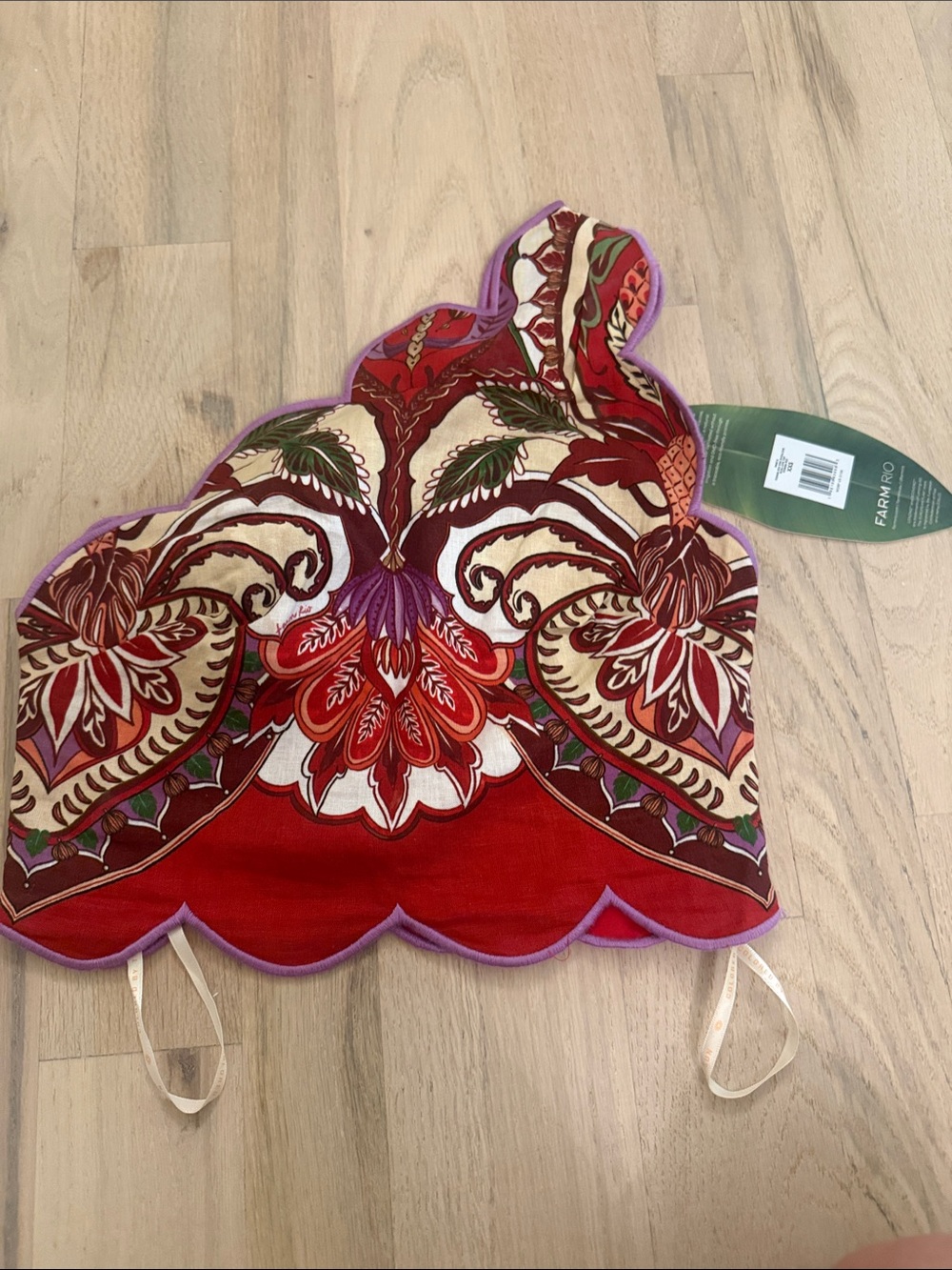 FARM Rio Red Floral Scalloped Crop Top with Purple Trim